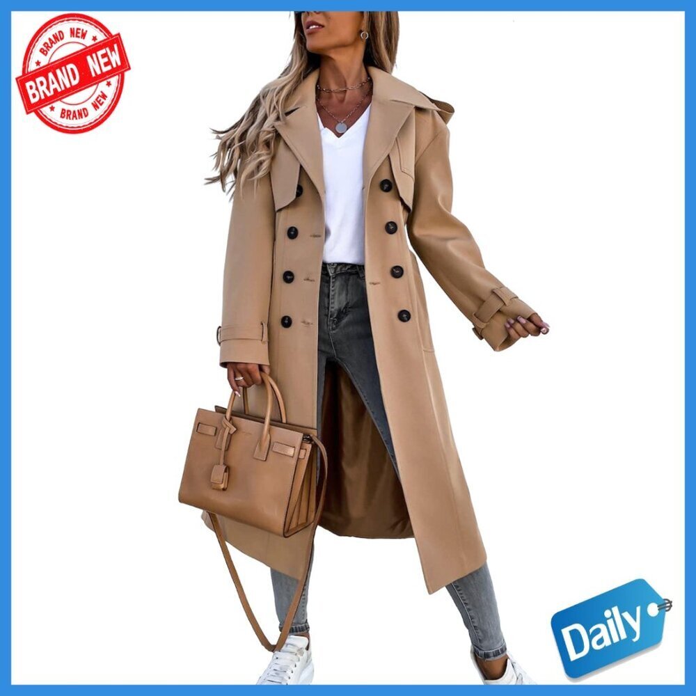 Women's Long Trench Coat Double Breasted Belted Windproof Overcoat
